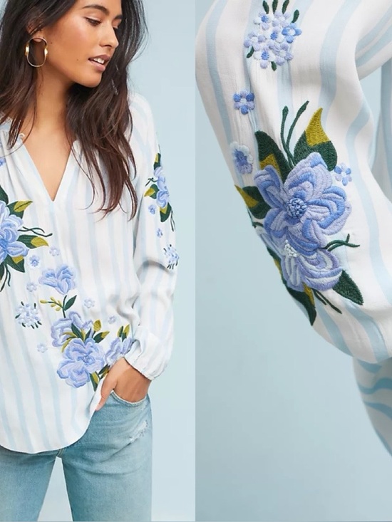 Anthropologie Tops - Anthropologie Embroidered & Striped Blouse Sz M Boho Cottagecore Nature Relaxed